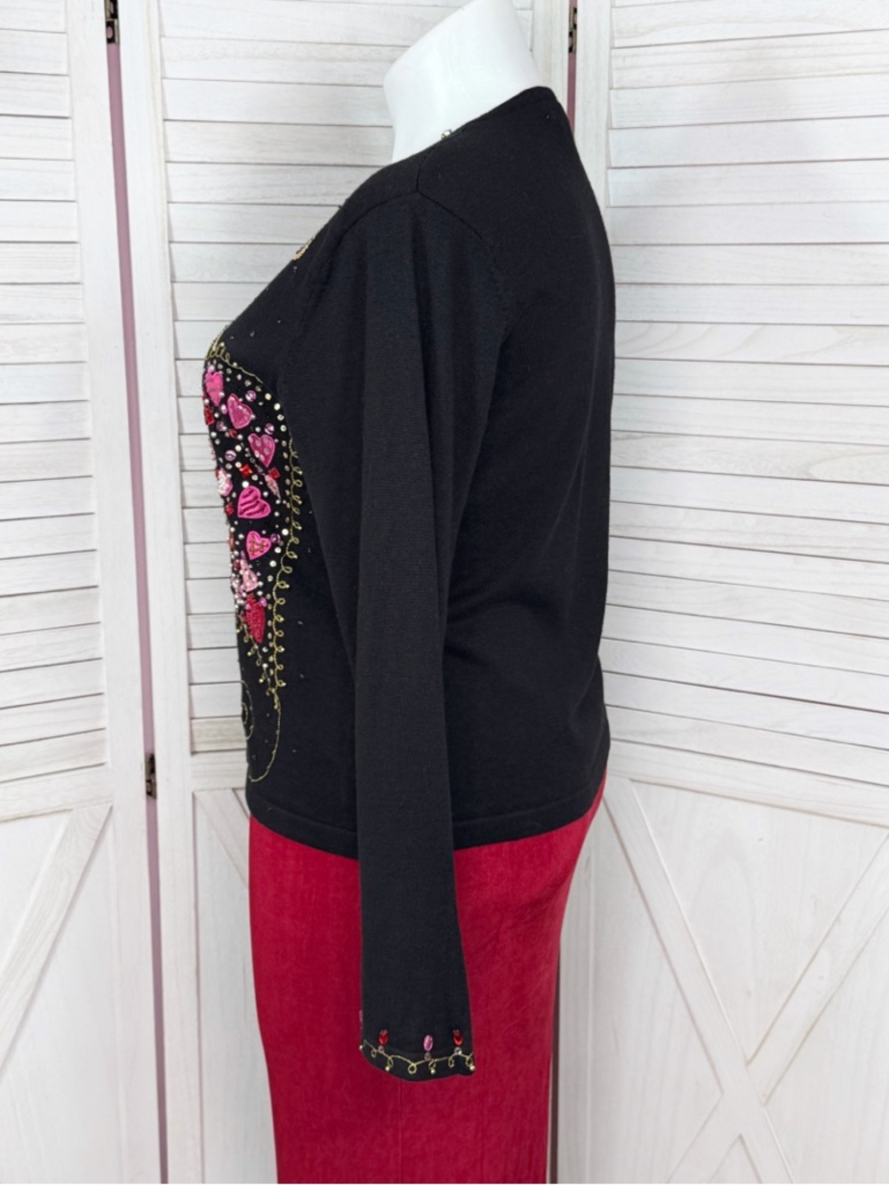 Vintage 90s Jack B Quick Embroidered Beaded Heart Cottagecore Sweater Black XL - Picture 2 of 11